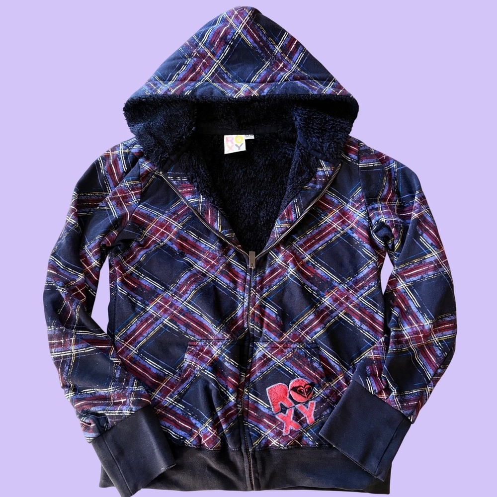 Y2K Roxy Plaid Sherpa Lined Zip Up Hoodie Sweatshirt Scene Emo #19